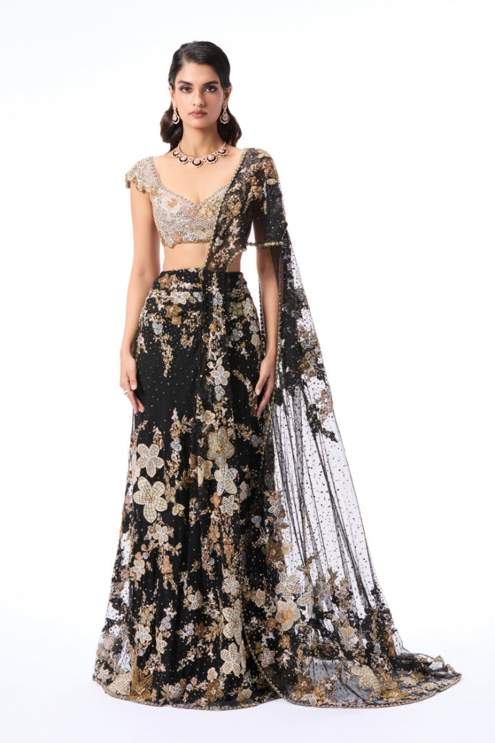Dreamveil - Black tulle draped saree