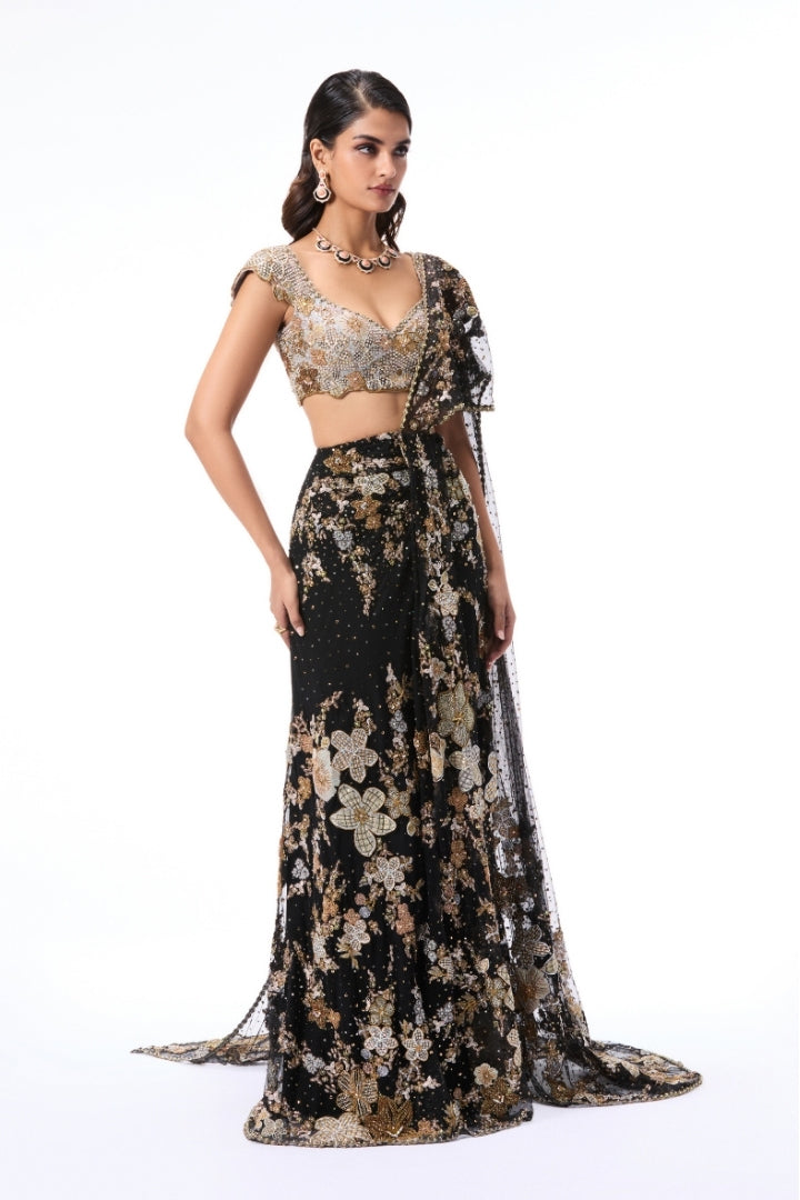 Dreamveil - Black tulle draped saree