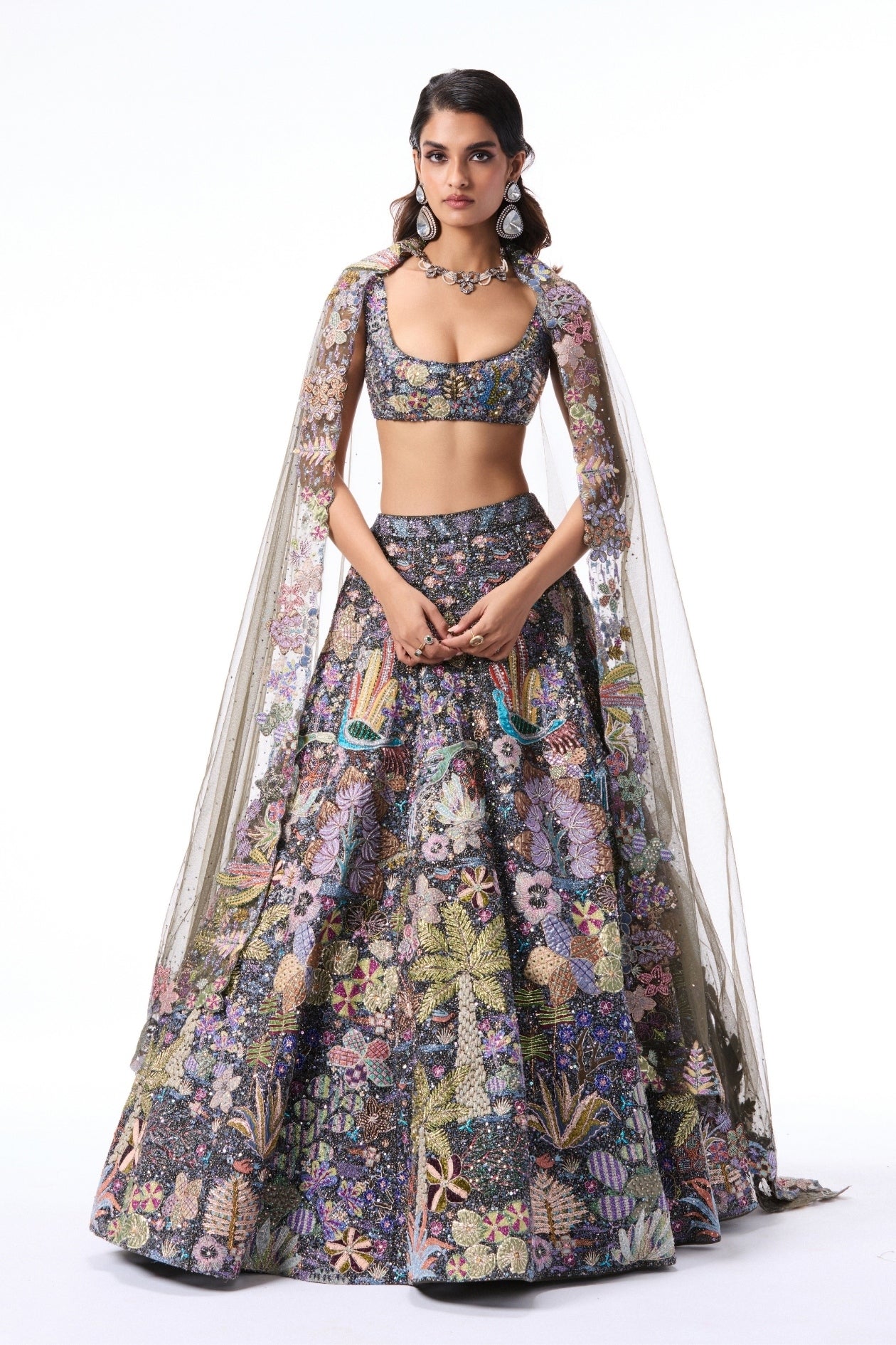 DREAMLIGHT - gunmetal tulle lehenga