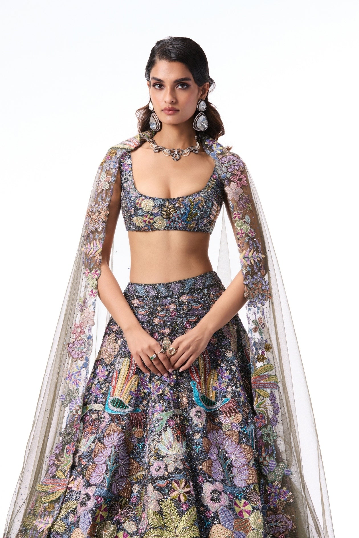 DREAMLIGHT - gunmetal tulle lehenga