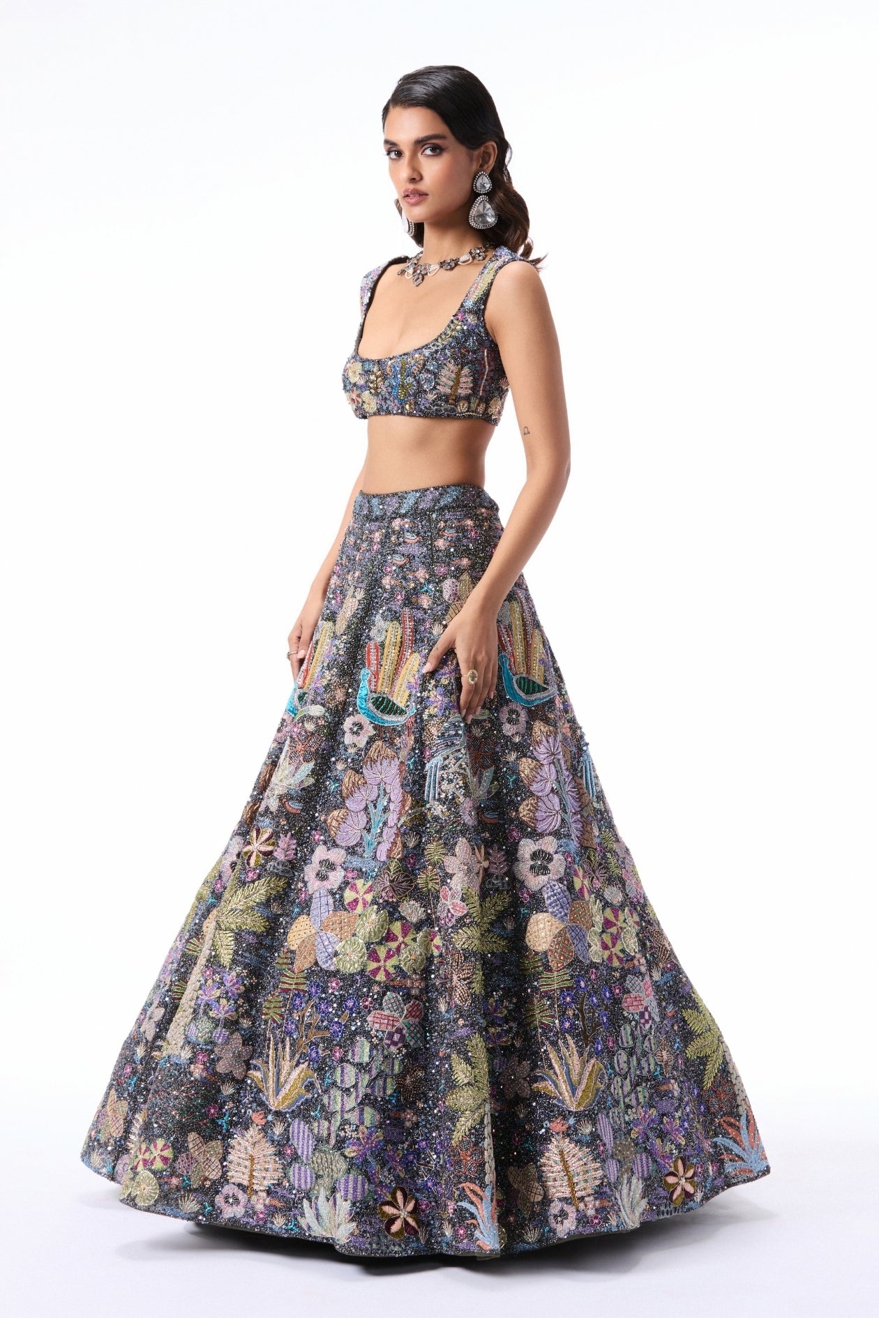 DREAMLIGHT - gunmetal tulle lehenga