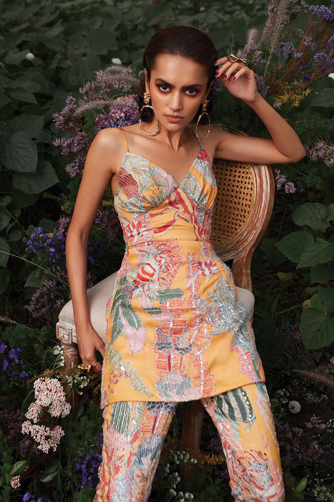 Aisha Rao embellished tunic close-up with printed organza