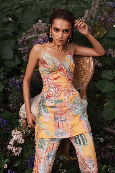 Aisha Rao embellished tunic close-up with printed organza