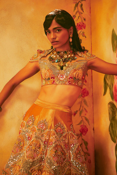Copper Paper Dolls Tissue Appliquéd And Embellished Lehenga With Blouse And Cutwork Tissue Dupatta