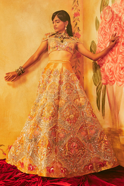 Copper Paper Dolls Tissue Appliquéd And Embellished Lehenga With Blouse And Cutwork Tissue Dupatta