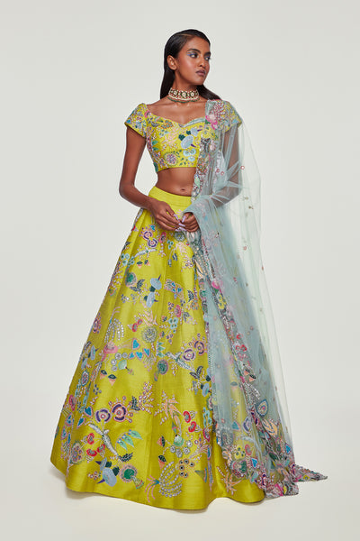 Lime Paper Dolls Raw Silk Appliquéd And Embellished Lehenga With Blouse And Cutwork Tulle Dupatta