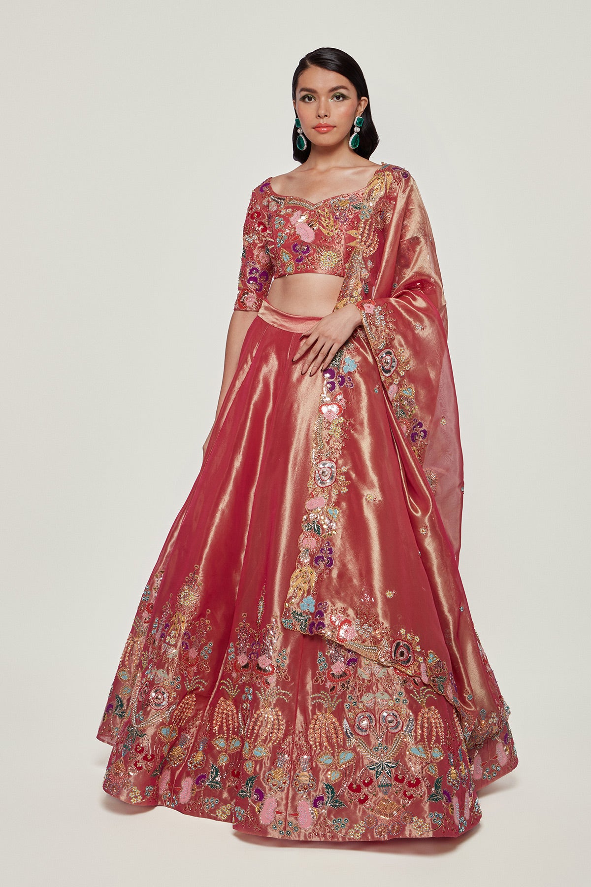 Magenta Pink Paper Dolls Tissue Appliquéd And Embellished Lehenga With Blouse And Cutwork Tissue Dupatta