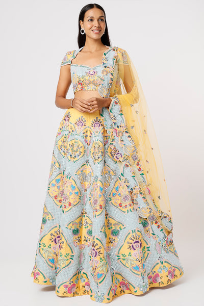 Yellow Paper Dolls Raw Silk Appliquéd And Embellished Lehenga With Blouse And Cutwork Dupatta