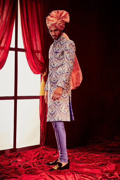 Violet Paper Dolls Tissue Appliquéd And Embellished Sherwani With Dupion Pants