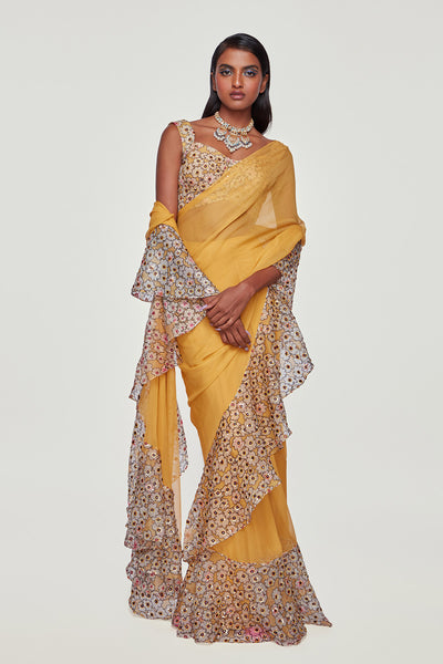 Yellow Divergence Organza Printed and Embellished Ruffle Saree And Blouse.
