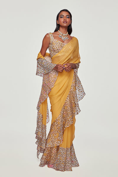 Yellow Divergence Organza Printed and Embellished Ruffle Saree And Blouse.