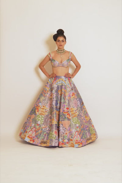 Blue Divergence Tissue Appliquéd And Embellished Lehenga With Blouse And Cutwork Tulle Dupatta