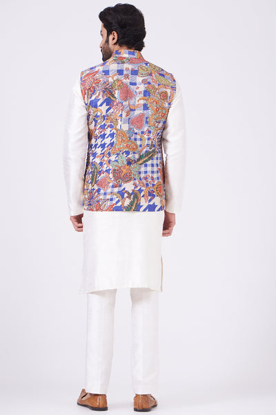 Violet Juna Raw Silk Printed And Embellished Bundi With White Raw Silk Kurta Set