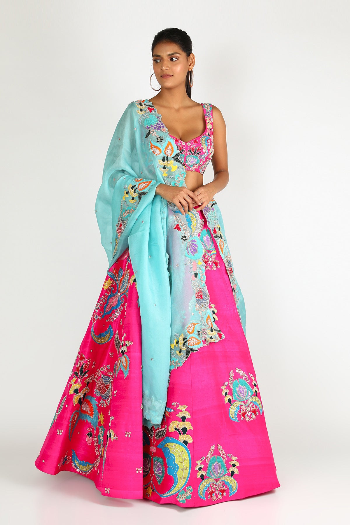 Fuschia Pink Nadenka Raw Silk Appliquéd And Embellished Lehenga  With Blouse And Cutwork Tulle Dupatta