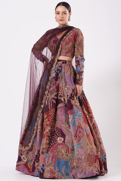 Plum Pastiche Organza Printed And Embellished Top And Skirt With Scallop Dupatta