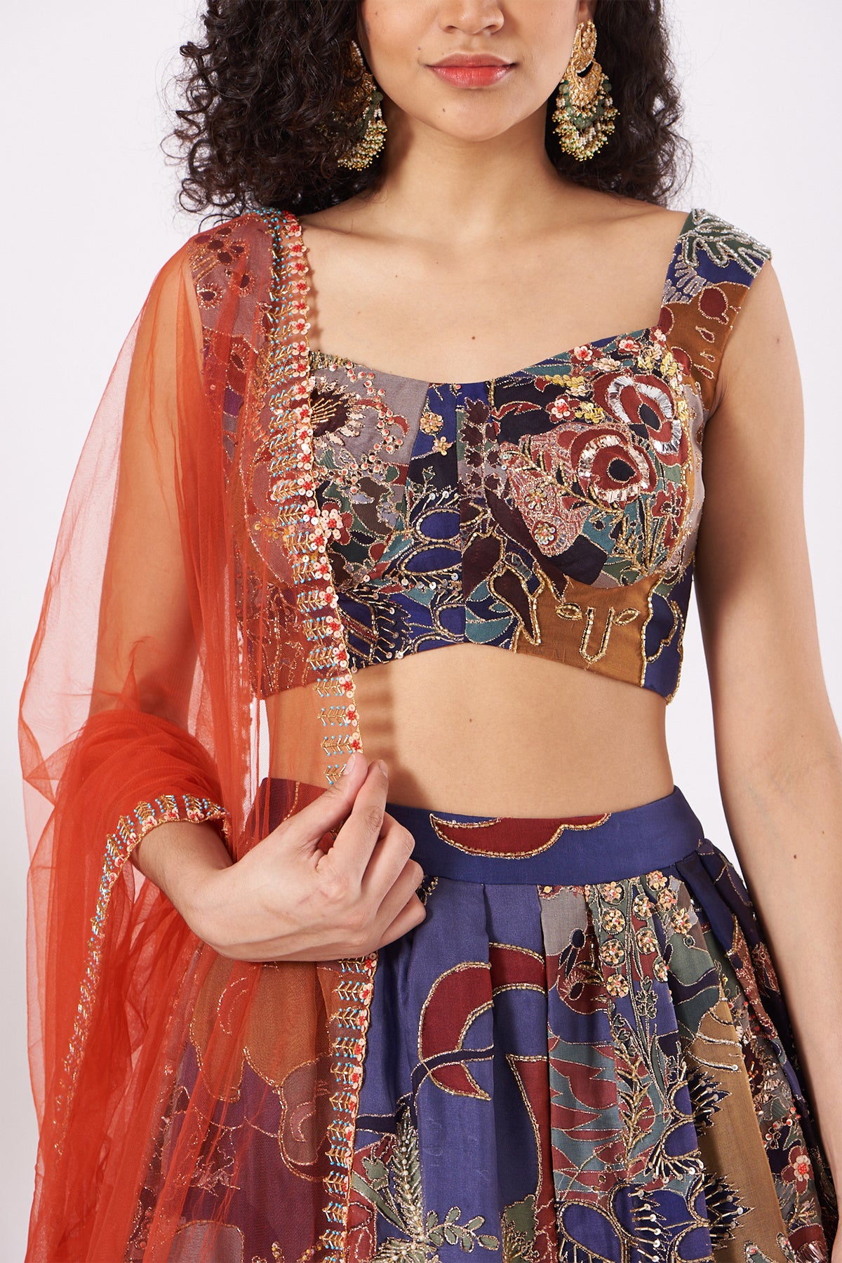 Blue Paper Dolls Organza Printed And Embellished Top And Skirt With Scallop Dupatta