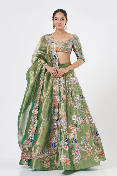 Green Paper Dolls Tissue Appliquéd And Embellished Lehenga With Blouse And Cutwork Tissue Dupatta