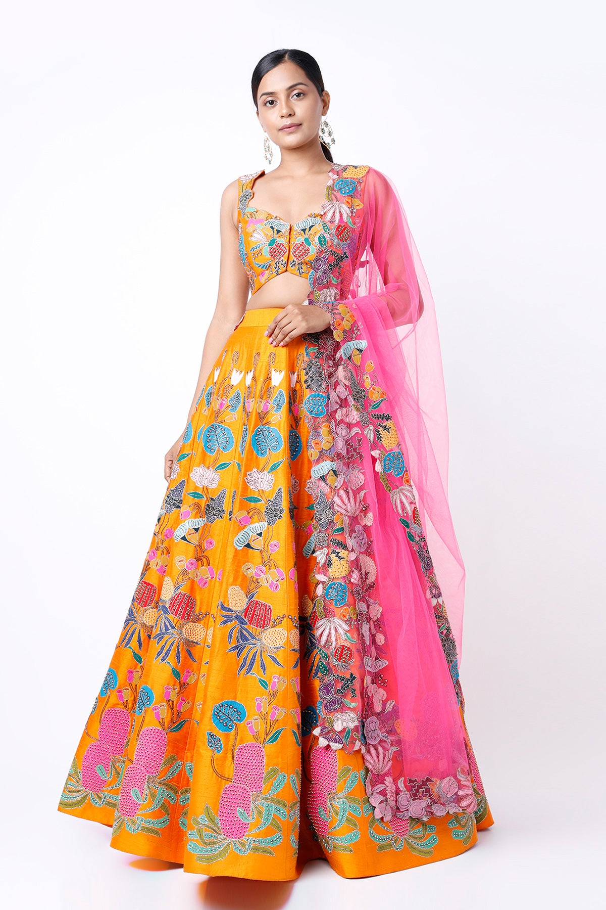 Orange Pastiche Raw Silk Appliquéd And Embellished Lehenga With Blouse And Cutwork Tulle Dupatta