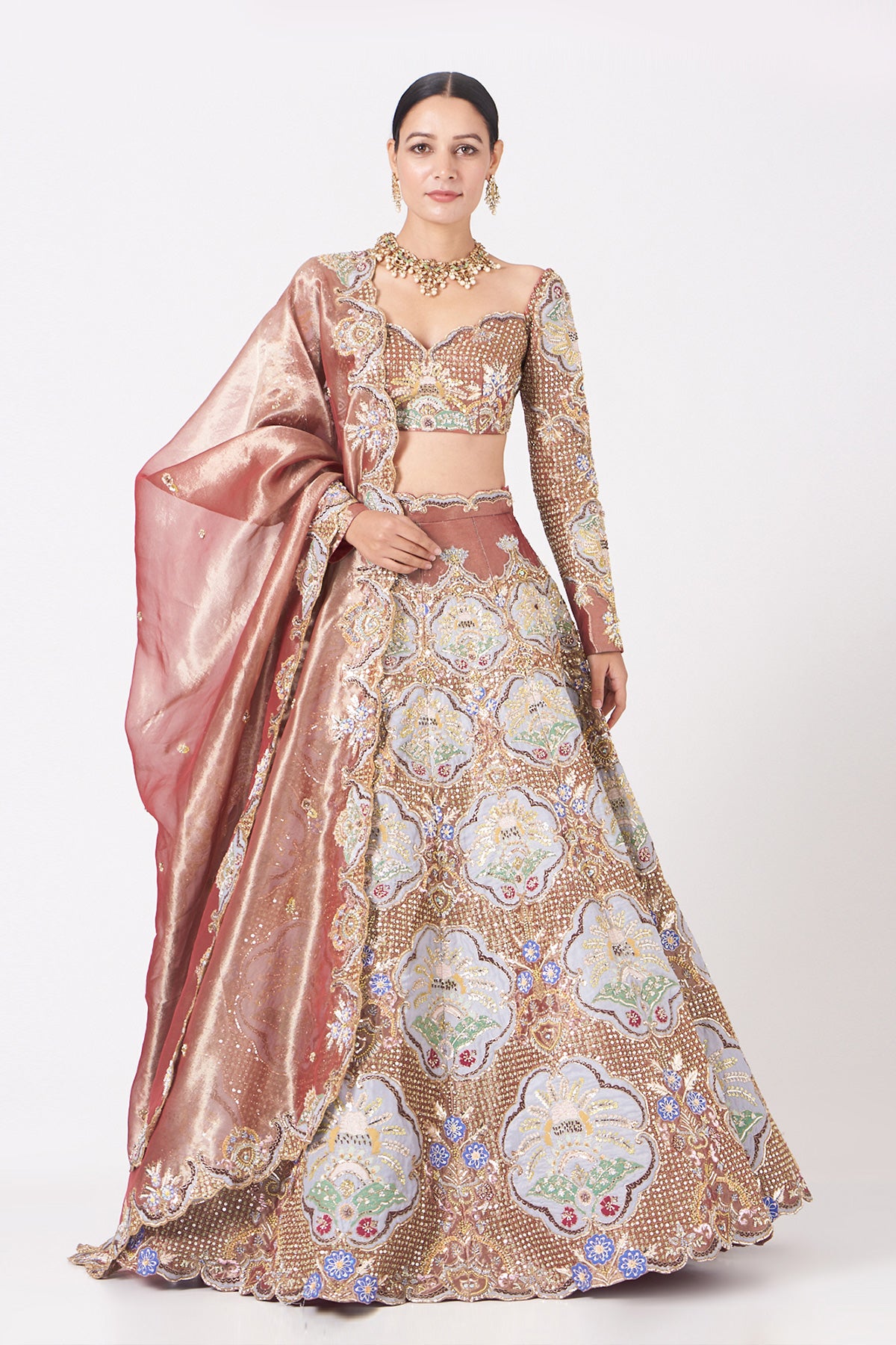 Pink Juna Tissue Appliquéd And Embellished Lehenga With Blouse And Cutwork Tissue Dupatta