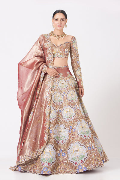 Pink Juna Tissue Appliquéd And Embellished Lehenga With Blouse And Cutwork Tissue Dupatta