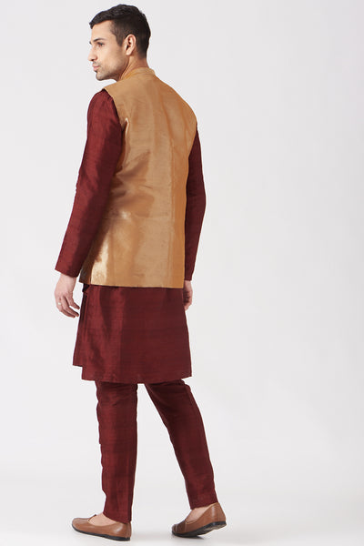 Copper Juna Tissue Appliquéd And Embellished Bundi With Maroon Raw Silk Kurta Set