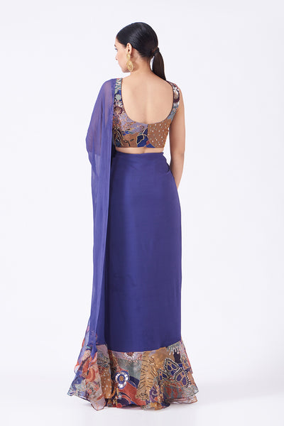 Violet Paper Dolls Satin Organza Printed And Embellished Ruffle Saree And Blouse