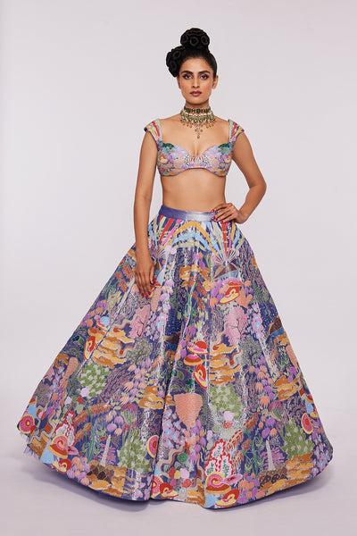 Blue Divergence Tissue Appliquéd And Embellished Lehenga With Blouse And Cutwork Tulle Dupatta