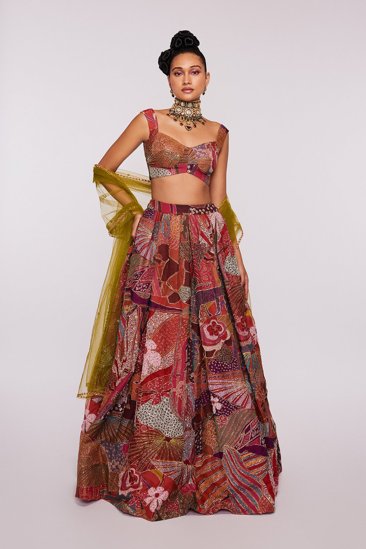 Pink Divergence Indian Organza Printed And Embellished Top And Skirt With Dupatta