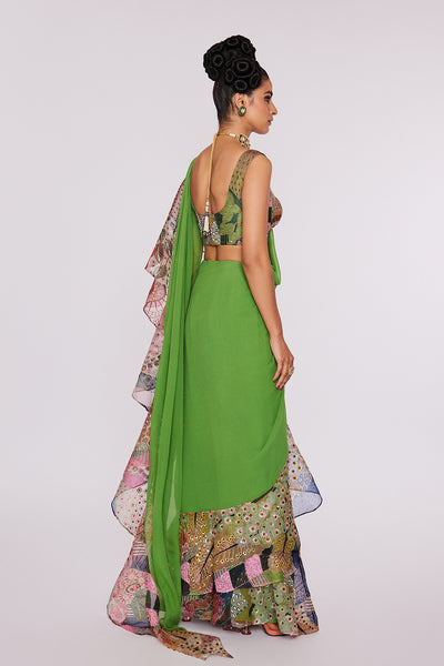 Parrot Green Divergence Organza Vase Printed And Embellished Ruffle Saree And Blouse