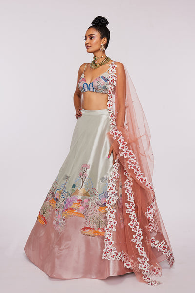 Ivory And Peach Divergence Tissue Appliquéd And Embellished Lehenga With Blouse And Tulle Dupatta