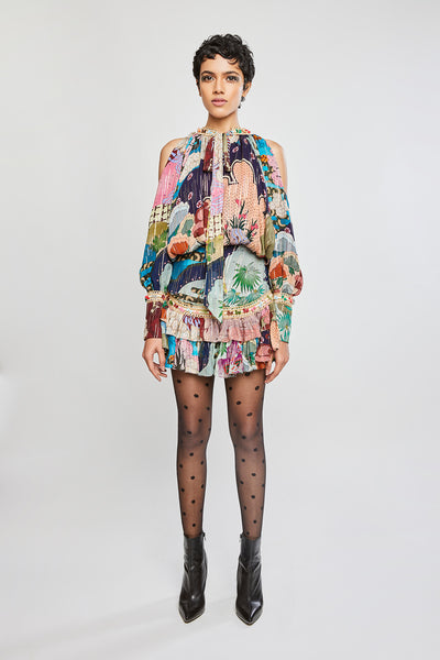 Front view of Trencadís multi-color dobby maze cold shoulder dress