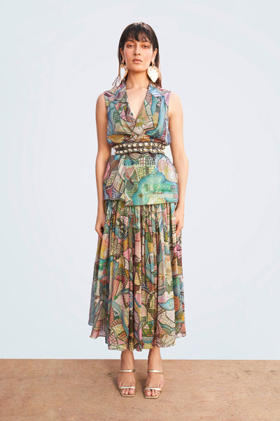 Close-up of fabric pattern and stitching on waistcoat and skirt front.