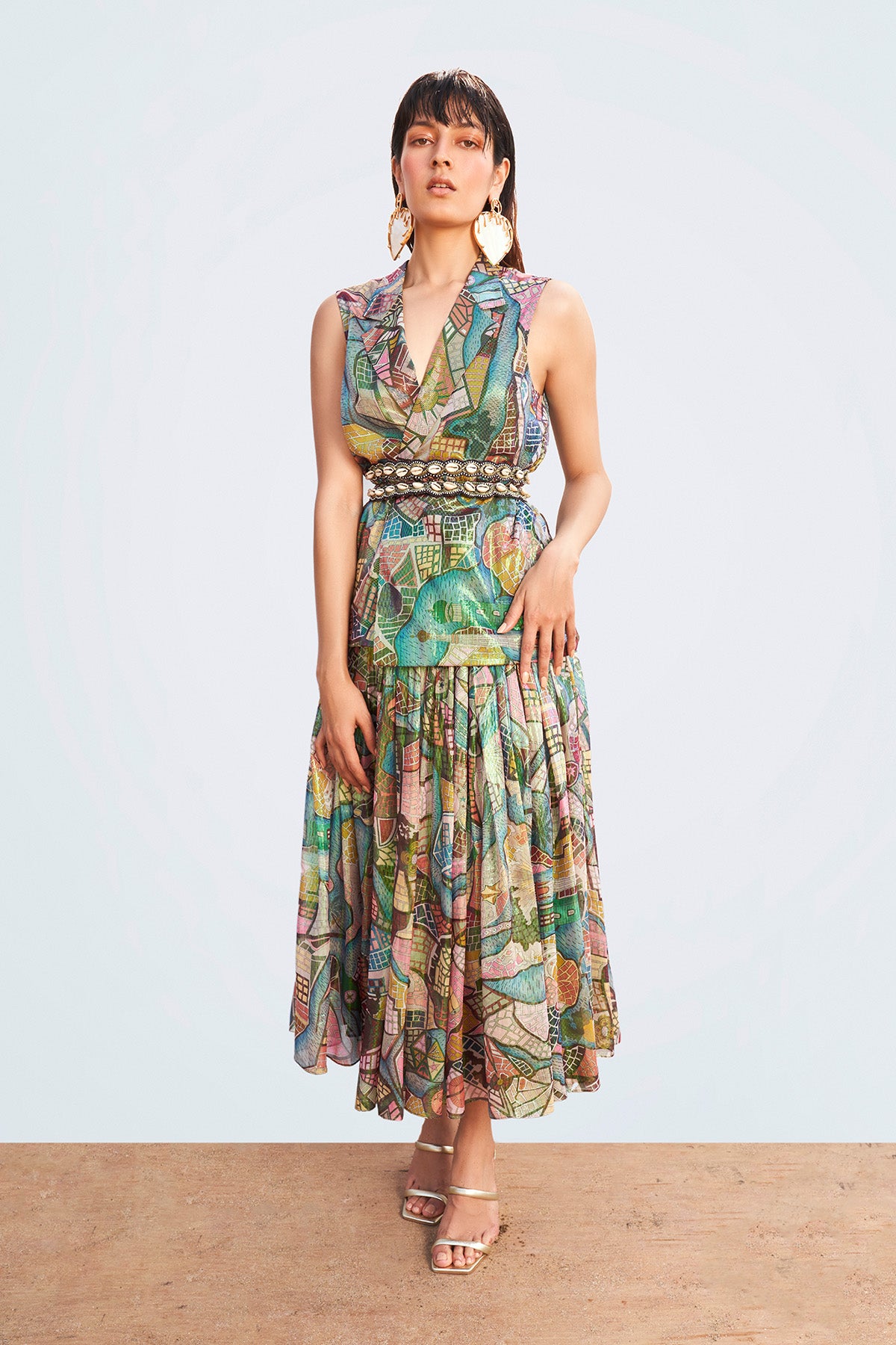 Front view of Starboard & Port multicolor waistcoat and skirt co-ord set.