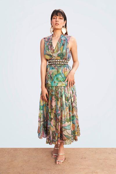 Front view of Starboard & Port multicolor waistcoat and skirt co-ord set.