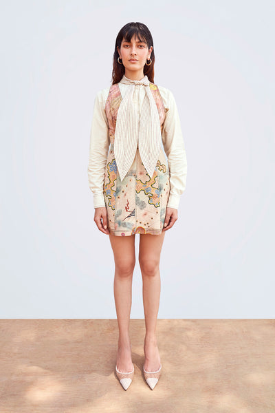 Front view of Starboard & Port peach poplin short pinafore dress.