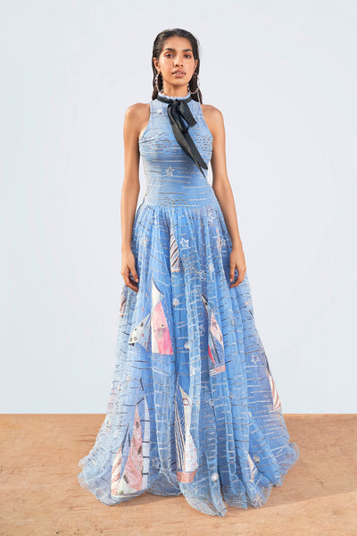 Front view of Light Dodger Blue Starboard & Port Couture gown.