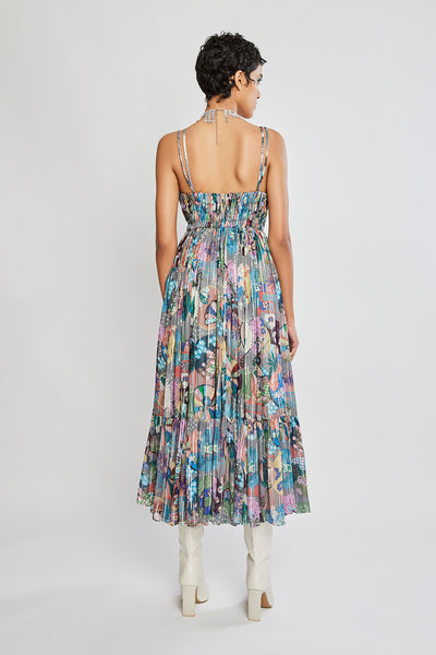 Back view of Trencadís grey georgette dobby circle gathered midi dress