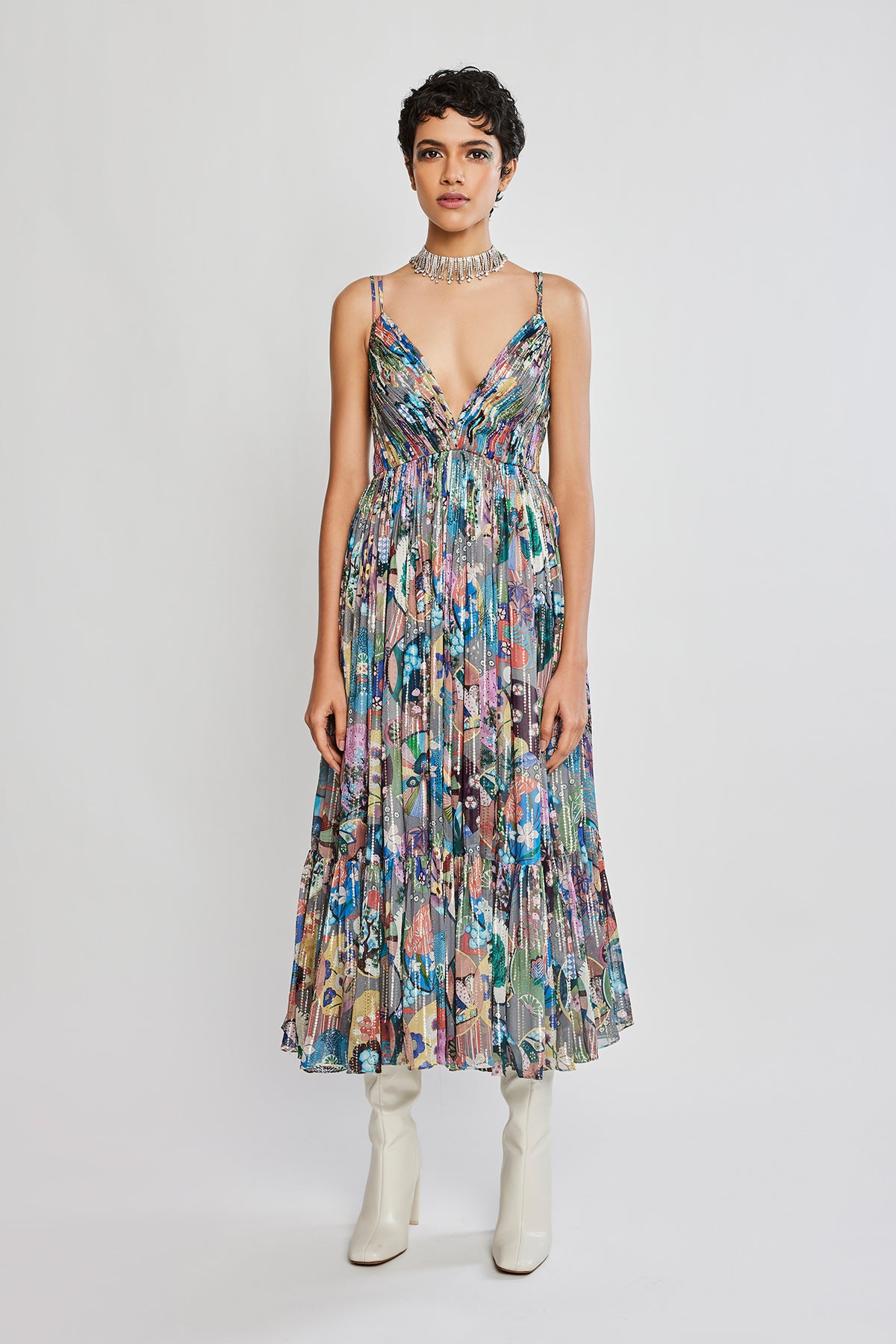 Front view of Trencadís grey georgette dobby circle gathered midi dress