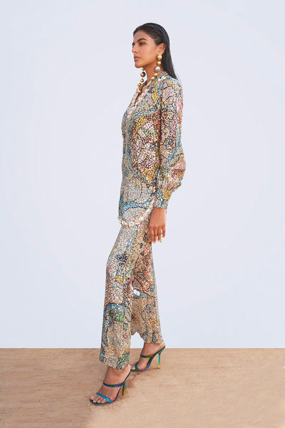 Editorial frame featuring the Starboard & Port ivory sequin tunic set in a couture composition