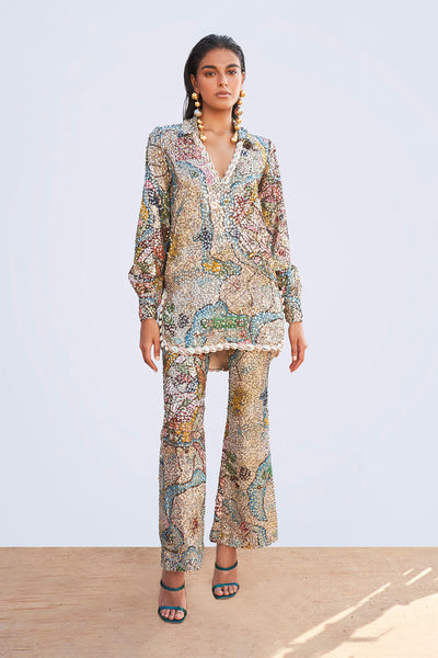 Starboard & Port ivory sequin appliqué short dress tunic with sea shell trimmed V-neckline and high waist trousers shown in a full couture view