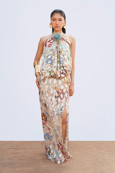 Beige bustier dress with printed flare by Starboard & Port