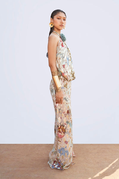 Beige floral neck dress with fitted bodice right view