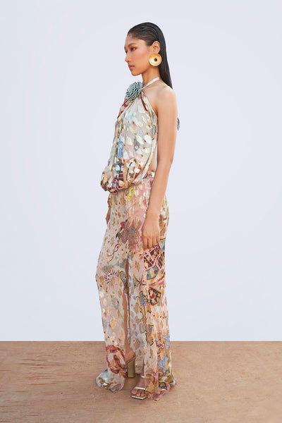 Side view of Starboard beige printed bustier dress