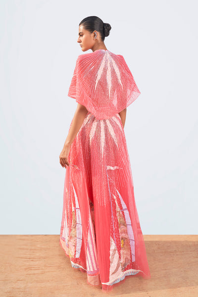 Close-up of right panel fabric print and stitching.