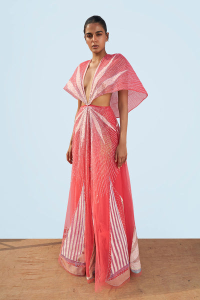 Front view of Magenta Starboard & Port printed sleeveless gown.