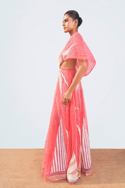 Close-up of fabric print and stitching on left gown panel.