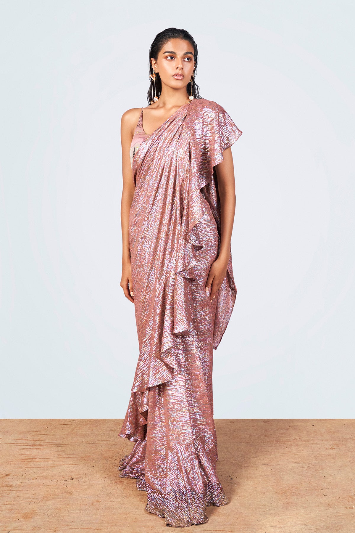 Front view of Starboard & Port multicolor lurex saree with printed blouse.
