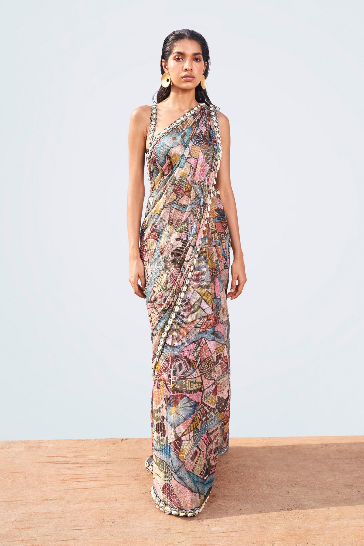 Front view of multi-color printed Starboard & Port saree with shell trim blouse.