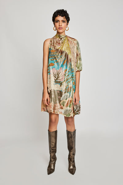 Front view of Trencadís multicolor dobby maze asymmetric draped dress.