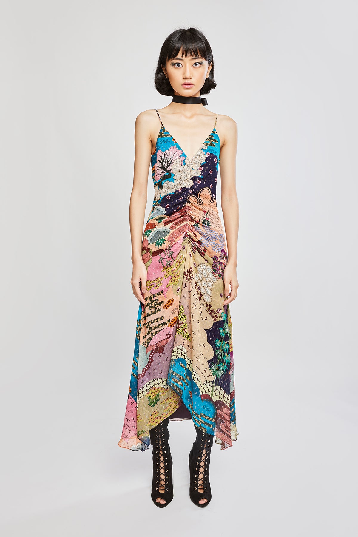 Front view of Trencadís multi-color dobby maze maxi dress.